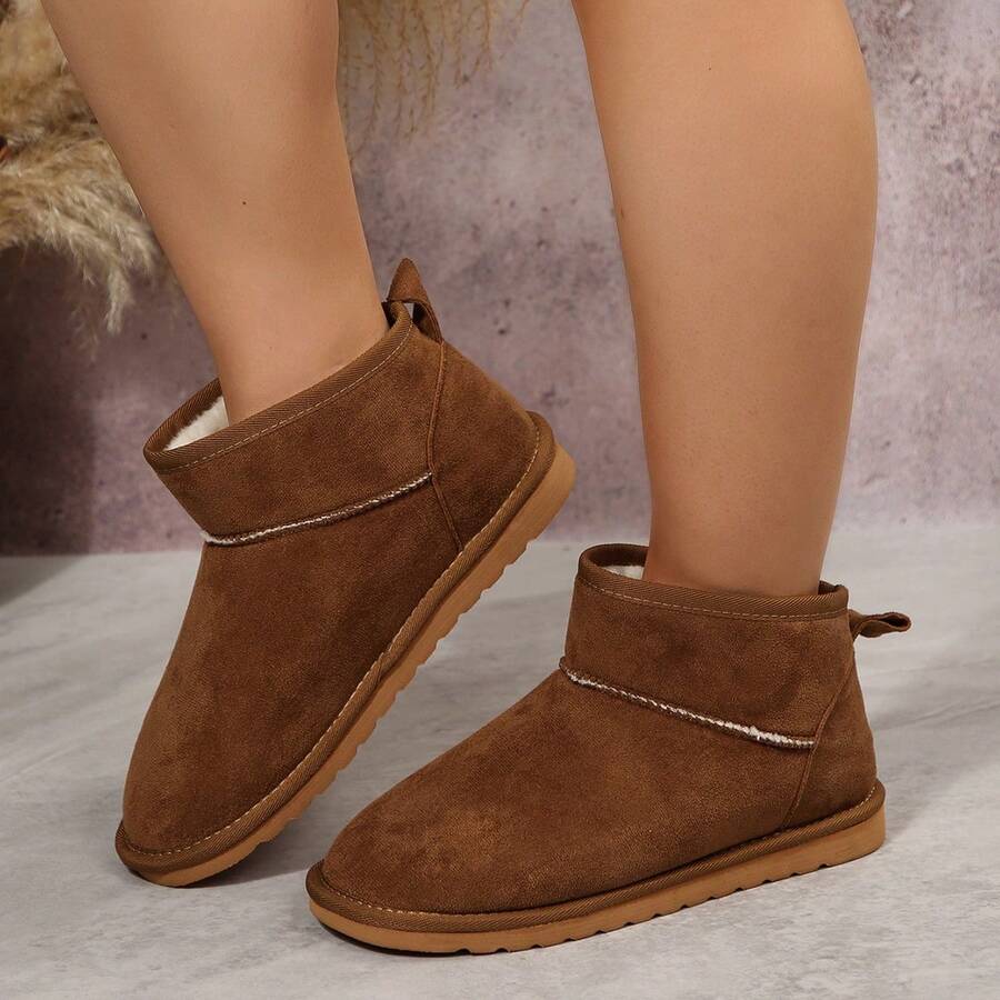 白色修身搭配运动裤，女士冬季新款棕色多功能舒适套脚雪地靴，保暖加厚防滑踝靴，时尚冬鞋 - 棕色 - 查看 1