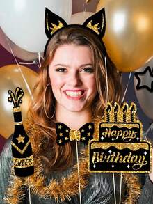 36 PCS Birthday Photo Booth Props Party Supplies Holiday Picture Decorations Photo Booth Props For Birthday Party Favors Pose Sign Kit Fun For Party (Silver And Black /Gold And Black) - Multicolor - View 5
