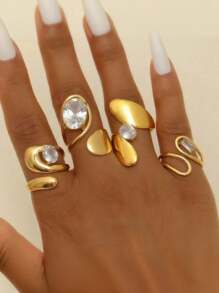 4pcs 18K Gold Plated Stainless Steel Asymmetrical Geometric Rings, Suitable For Daily Wear, Travel And Vacation - Geometry - View 5