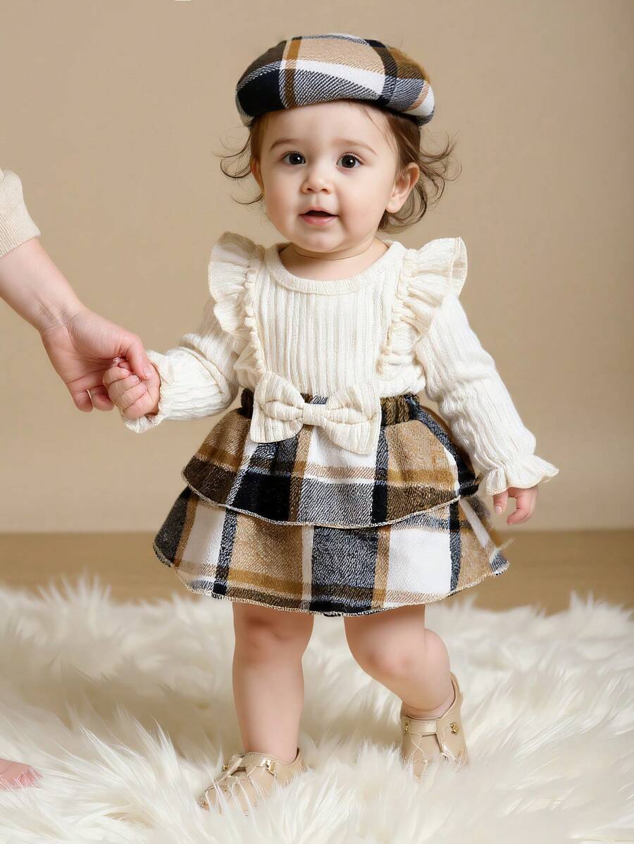 3pcs/Set Casual Elegant Cute Baby Girl Autumn/Winter Dress Set, Soft & Comfortable, Bow Decor Ruffle Layered Plaid Dress With Bodysuit & Hat And Socks - Multicolor - View 1