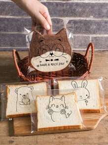 100 قطعة أكياس شفافة ذاتية اللصق بتصاميم كرتونية جميلة لتعبيرات الحيوانات المختلفة، أكياس تغليف الخبز المشرح والمخبوز