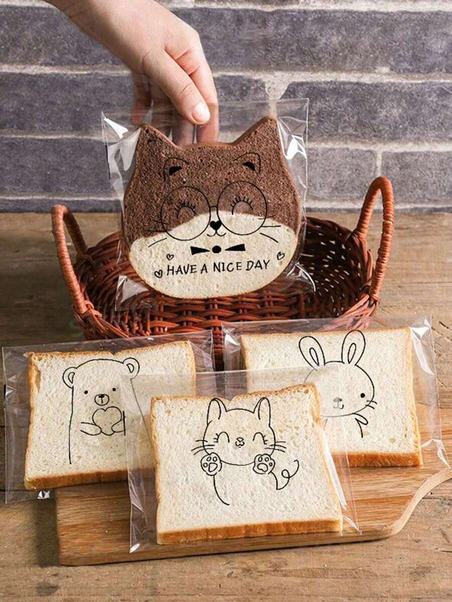 100 قطعة أكياس شفافة ذاتية اللصق بتصاميم كرتونية جميلة لتعبيرات الحيوانات المختلفة، أكياس تغليف الخبز المشرح والمخبوز