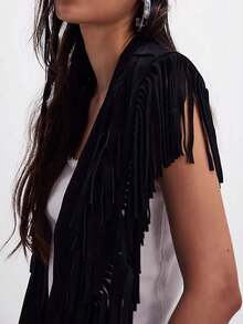 Women Tassel Vest Y2K Sleeveless Fringe Wide Eyes Suede Collar Shawl Open Front Boho Western Jacket Cardigan - 黑色 - 查看 3