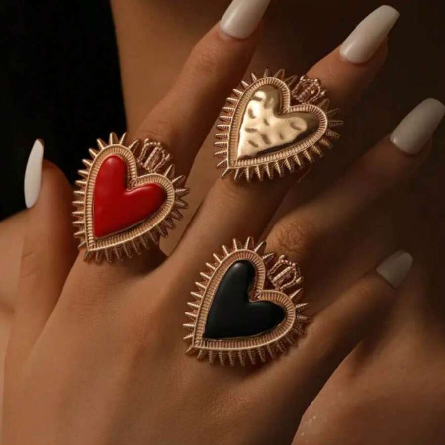 1 件哥特式夸张心形戒指，红黑镂空心形可调节戒指，女士戒指，情侣戒指，适合日常佩戴，情人节礼物 - 金色 - 查看 1