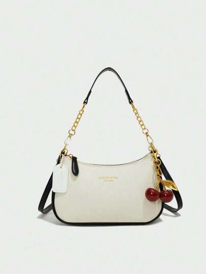 New Fashion Classic Wild Letter Pattern Decoration Design Solid Color Pu Waterproof Fabric Shoulder Bag Crescent Bag Underarm Bag Suitable For Shopping, Can Be Slung. With Cherry Pendant Decoration, Summer Crescent Bag, Seaside Holiday, School Season, Ladies Purse.