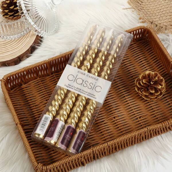 4 pièces Supports de bougie spirale de style européen d'environ 25,5 cm (10 pouces), bougies effilées, convenant à la décoration romantique de la maison, à la décoration de dîner, à Halloween, au mariage, aux fournitures pour fête d'anniversaire, à la décoration de chambre, aux cadeaux (or et blanc)