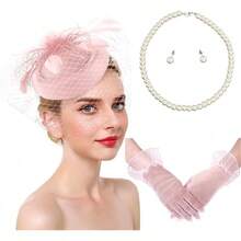 Ibeauti Fascinator Hats With Screentouch Lace Gloves Set Women Tea Party Cocktail Wedding Derby Headwear Short Gloves - 01 粉紅色手套 - 查看 1