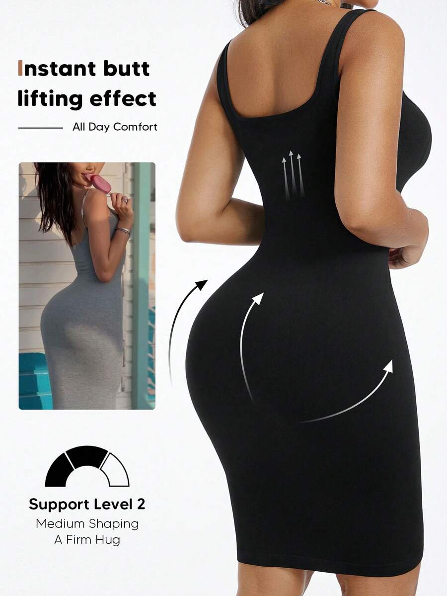 Abito-canotta a compressione a tinta unita per donna, fasciante, elasticizzato, intimo modellante con controllo saldo di tutto il corpo - nero - Visualizzare 1