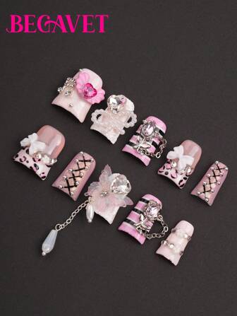Begavet 10Pcs Duck Nails Handmade Salon Quality Nail Art Press On Nails Pink Y2K Kawaii Cute Nails Exclusive Design 3D Nails With 3D Charms, Suitable For New Year Parties/Music Festival And Daily Wear Nail Supplies Nails