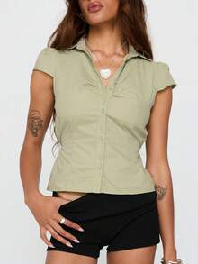 Women Y2k Button Down Shirt Top Tie Back Blouse Cap Sleeve Lapel Ruched Front Slim Fit T Shirts Crop Tops Summer Casual Going Out Tops Vintage Aesthetic Clothes Retro Blouse Streetwear - 綠色 - 查看 1