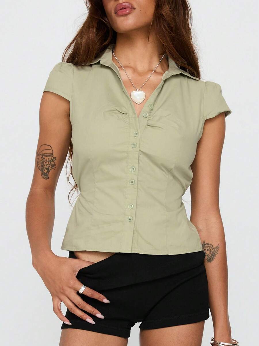 Women Y2k Button Down Shirt Top Tie Back Blouse Cap Sleeve Lapel Ruched Front Slim Fit T Shirts Crop Tops Summer Casual Going Out Tops Vintage Aesthetic Clothes Retro Blouse Streetwear - 綠色 - 查看 1