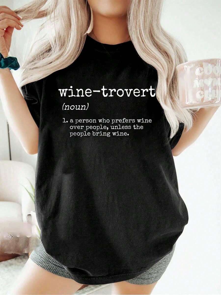 100% Cotton Funny Wine Gifts Women Men Wine-Trovert Wine Drinker T-Shirt Graphic Tees Women - 黑色 - 查看 1