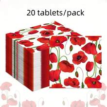 20pcs/40pcs/60pcs/100pcs/Set,Red Poppy Flower Print Napkins - 2-Ply White Background With Bright Poppies And Green Stems, Suitable For Party Decorations, Romantic Dinners, Holiday Birthday Celebrations, Floral Theme Party Arrangements, Durable Material, Event Planning Supplies - Multicolor - View 5