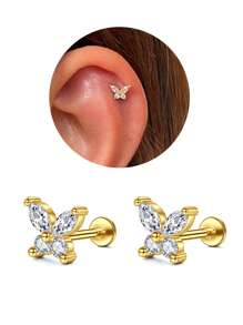 Threadless Flat Back Earring Stud Hypoallergenic Stainless Steel Push Pin Flower Cartilage Earring Helix Tragus Conch Nose Piercing Jewelry For Women - Multicolor - View 26