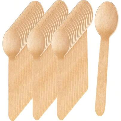 100pcs Premium Wooden Spoons - Strong & Durable - Friendly Cutlery - Tableware Disposable Plastic