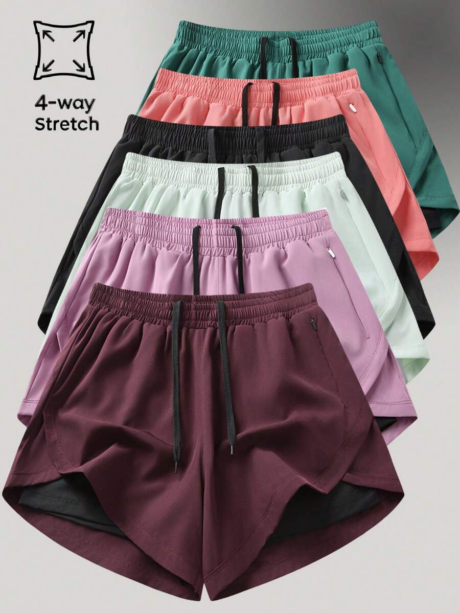 1pc Women's Shorts, 2-In-1 Solid Color Lining 2 In 1 Sports Pants, Elastic Two Pieces Set, Suitable For Running, Sports, Yoga, Fitness In Summer - Burgundy - View 1