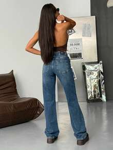 SQUALO Women's Wide Leg Color With Pocket Details Destroyed Retro Washed Street Style Jeans Ripped And Cutout Wide Leg Jeans - Royal Blue - View 5