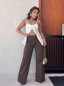 Pants/Wide Leg/Jeans/High Waist Women's Jeans Without Lycra - Màu nâu Sô-cô-la - Xem 4