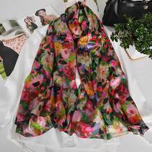 100% Mulberry Silk Scarf For Women Lightweight Long Scarves Beach Wraps Cover Up -Travel Photography Scarfhalloween - 綠色粉紅色 - 查看 6