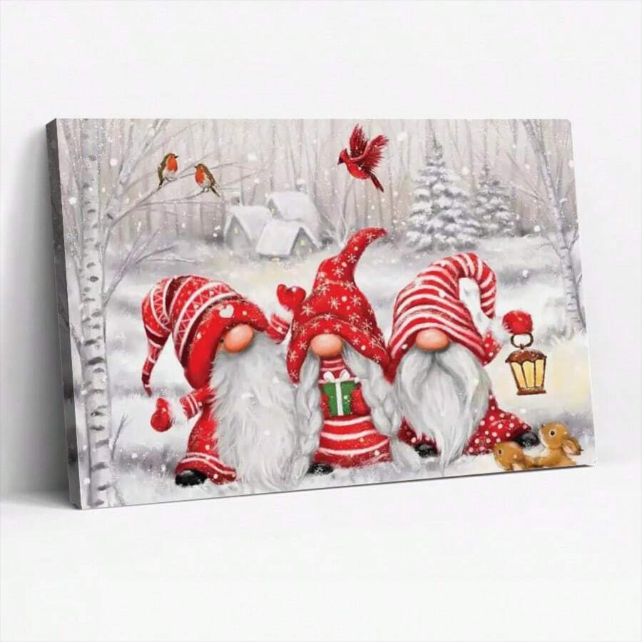 1pc, Framed Wall Art, Christmas Gnomes In Snowy Landscape, Three Festive Gnomes Wearing Red Hats And Scarves, Holding A Lantern And Surrounded By Snow-Covered Trees And Birds, Canvas Wall Art For Living Room, Bedroom, Bathroom, Study Room, Dining Room, Office, Wooden Wall Art Decor, Ideal Gift - 彩色 - 查看 1
