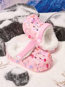 1 Pair Girls Cute Cat Design Thermal Lined Warm Comfortable Indoor Slip-On Shoes, Suitable For Winter - Pink - View 3