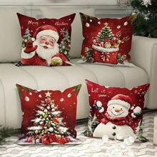 4pcs Christmas Pillow Covers, Cute Santa Claus & Snowman Design, Gift Box & Christmas Tree Pattern, Minimalist & Adorable Peach Velvet Single-Sided Printed Cushion Covers With Zipper Closure, No Pillow Insert Included, Suitable For Christmas & Winter Holiday Decor On Sofa, Bed, Chair, Bedroom, Living Room, Patio