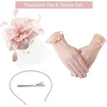Ibeauti Fascinator Hats With Screentouch Lace Gloves Set Women Tea Party Cocktail Wedding Derby Headwear Short Gloves - 02 海軍藍/亮粉色 - 查看 11