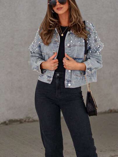 Chaqueta holgada de denim con cuentas para mujer, nueva llegada