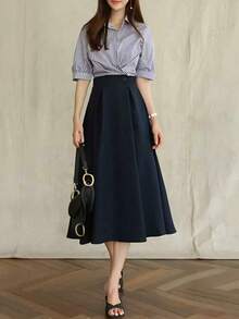 纯色及膝铅笔裙，适合上班