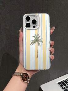 Striped Palm Tree Pattern Phone Case, Personalized Compatible With IPhone 16 Pro Max, 15/14 Plus, 13, 12, 11 Protective Cover - Silver White Frame - View 3