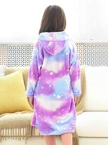 Bata con capucha de manga larga con estampado de galaxia morada y orejas de gato adorables para niña preadolescente - Multicolor - Ver 2