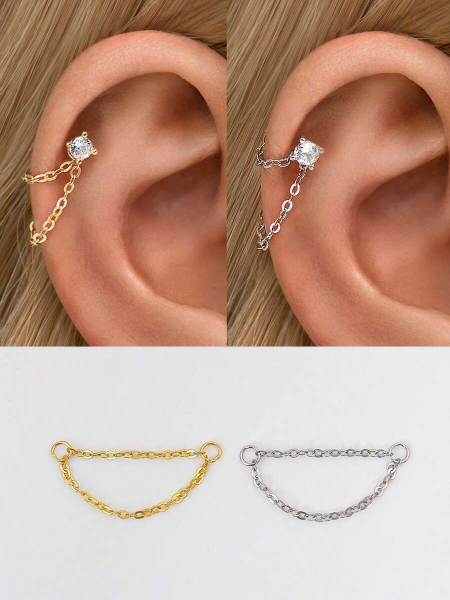 1 Stück 925 Sterling Silber 4-Krallen-Fassung Ohrringe mit flachem Rücken - Ohrring-Kette Charm - Knorpel Helix Piercing Feiner Schmuck - Für Frauen Alltäglicher Tragen Hochzeit Party Verlobung Jahrestag Valentinstag (Verkauft als 1 Stück)