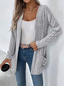 Cárdigan holgado de punto acanalado gris para mujer, con bolsillos y manga larga