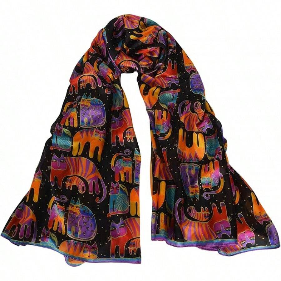 100% Mulberry Silk Scarf For Women Lightweight Long Scarves Beach Wraps Cover Up -Travel Photography Scarfhalloween - 紅貓 - 查看 1