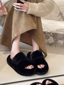 2025女式新款厚底毛绒拖鞋户外穿厚底一脚蹬拖鞋仙女风休闲增高室内居家拖鞋适合春秋冬 - 黑色 - 查看 4