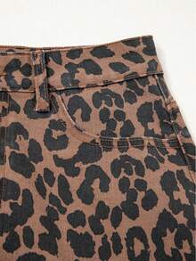 Leopard Print Frayed Side Slit Denim Midi Skirt - 棕色 - 查看 6