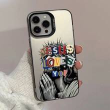 1pc Vintage European American Ins Style Matte Khaki Thorn Wreath Jesus Praying Portrait JESUS LOVES YOU Scrapbook Style Colorful Collage Letter Phone Case Faith Artistic Atmosphere Unisex Full Coverage Anti-Drop Soft Shell Compatible With IPhone All Series, Compatible Models: IPhone17/17Pro/17ProMax/16/16Plus/16ProMax/16e/15ProMax/11/12/12Pro/12ProMax/13Pro/13ProMax/14/14Pro/14ProMax - Black Frame Silver Gray - View 2