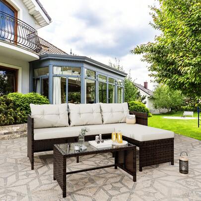  Vongrasig 3 Piece Patio Furniture Sets, All-Weather PE Wicker Outdoor Sofa Couch Sectional Set, Small Conversation Set For Garden/Patio W/Cushion, Glass Table