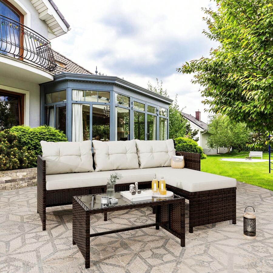 Vongrasig 3 Piece Patio Furniture Sets, All-Weather PE Wicker Outdoor Sofa Couch Sectional Set, Small Conversation Set For Garden/Patio W/Cushion, Glass Table - 白色 - 查看 1