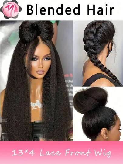 Pelucas mezcladas: una mezcla de cabello humano mezclado y peluca sintética de cabello rizado y liso para mujeres con una densidad del 180% Peluca frontal de encaje transparente brasileña 13X4 con cabello humano mezclado de textura yaki recta con cabello bebé en color natural (Bob 8-16 pulgadas)