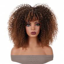 16 Inch Curly Wig Afro Curly Wigs For Women Afro Kinky Curly Wig With Bangs Full And Fluffy Glueless Wigs Synthetic Hair Replacement Wigs For Cosplay And Daily - Màu nâu ombre - Xem 2