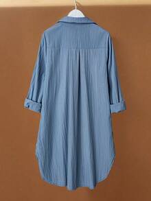 Women's Long Sleeve Solid Color Pocket Front Button Down Long Shirt