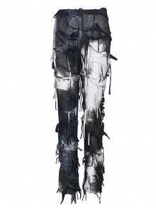 Women Tie Dye Pants Distressed Flared Leggings Pants Casual Tassels Bell Bottoms Bootcut Hip Hop Trousers For Streetwear - 黑色 - 查看 6