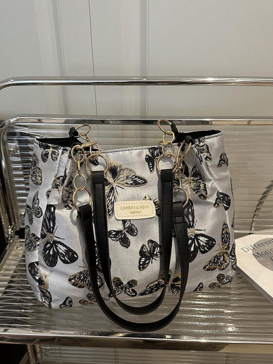 Fashionable Striped Handbag - Women's Large Capacity Shoulder Bag - Zipper Tote Bag For Daily Use - Metal Chain Tote Bag, Waterproof Nylon Material With Colorful Butterfly Pattern, Suitable For Back To School Students