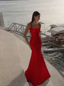 Basrey Red Spaghetti Strap High Waist Fitted Backless Bridesmaid Dress, Mermaid Long Gown, Suitable For Weddings, Bachelorette Parties, Vacations, Galas, Brides, White Dresses - Red - View 6