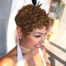 4# Wig Pendek Keriting Cokelat untuk Wanita, Gaya Rambut Pixie Pendek, Tanpa Lace Front, Tenunan Mesin Penuh, Potongan Pixie Berlapis dengan Poni, Bahan Rambut Manusia, Cocok untuk Hari Valentine dan Pemakaian Sehari-hari - Coklat - View 3