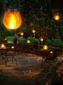 1/2 件太阳能火焰吊灯 - 3D 闪烁 LED 具有逼真的余烬效果，IP65 防水花园吊灯适用于露台凉亭，锻铁悬挂装饰