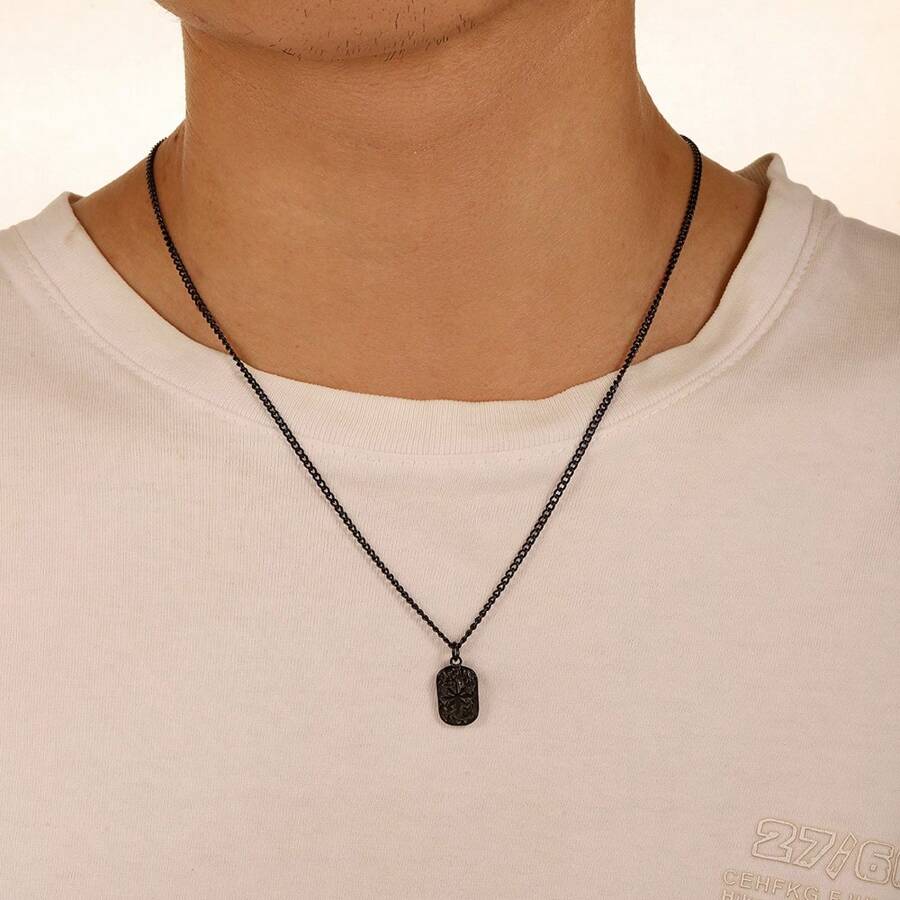 1 件男士黑色不锈钢简约方形星星吊坠项链