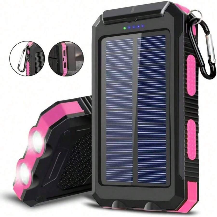 2025 Super 10000mAh USB Portable Charger Solar Power Bank For Mobile Phones, Solar Power Bank, Mobile Power Bank, Portable Charger For All Devices - Long-Lasting, Travel Camping, LED Flashlight, Compass, And Hiking Buckle, Best Gift For Christmas Holidays - Hồng - Xem 1