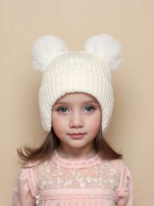 1 chiếc mũ len beanie trẻ em mùa đông, màu trơn, đan len, 2 quả bông, mũ len cho bé unisex, mũ trùm đầu dày ấm mặc hàng ngày - 1PC - Xem 10